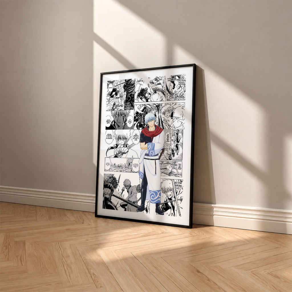 Gintoki Sakata manga poster inspired by Gintama in a black frame against a warm beige wall