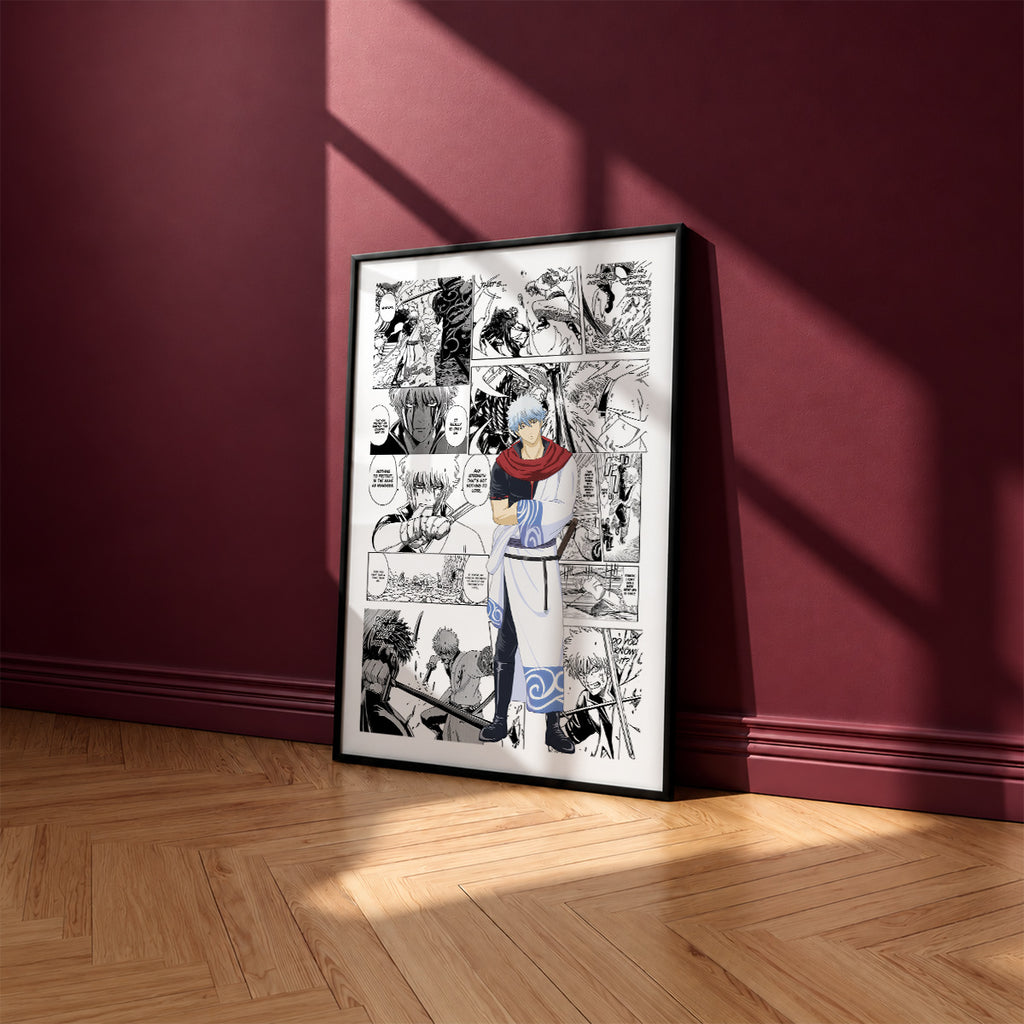 Gintoki Sakata manga poster inspired by Gintama in a black frame against a burgundy wall