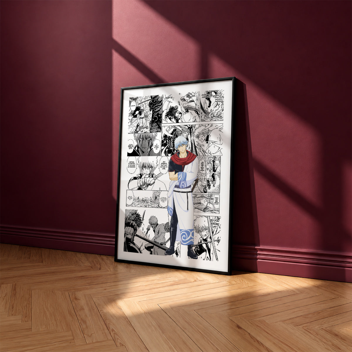 Gintoki Sakata manga poster inspired by Gintama in a black frame against a burgundy wall
