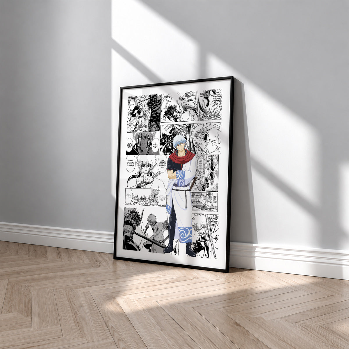 Gintoki Sakata manga poster inspired by Gintama in a black frame against a light gray wall