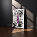 Giorno Giovanna manga poster inspired by JoJo's Bizarre Adventure in a black frame against a charcoal gray wall