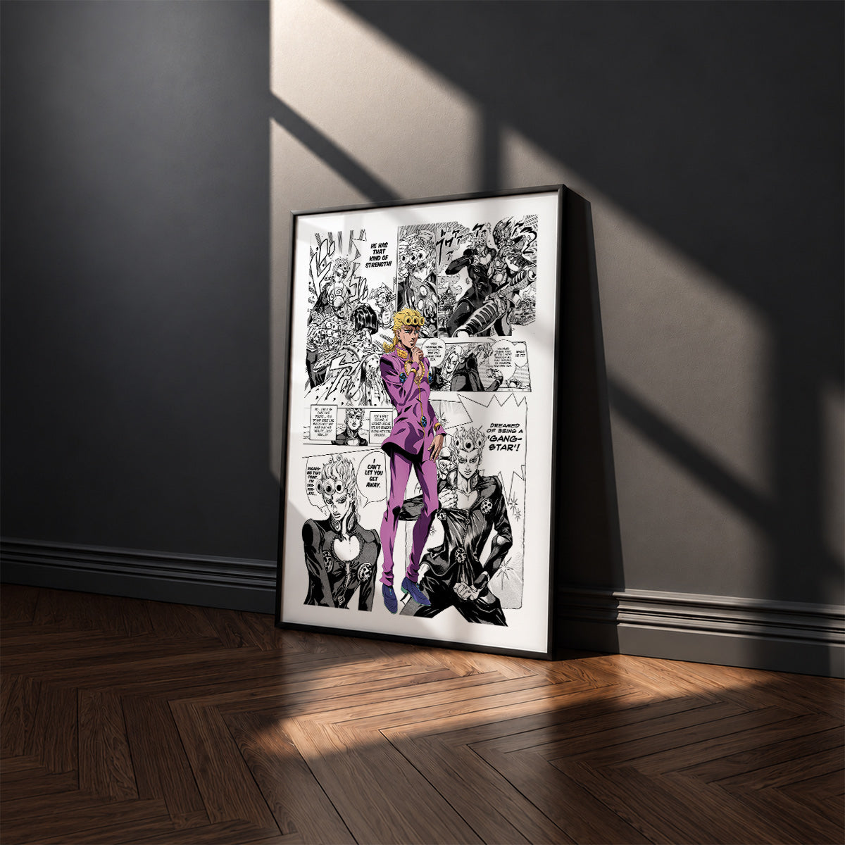 Giorno Giovanna manga poster inspired by JoJo's Bizarre Adventure in a black frame against a charcoal gray wall