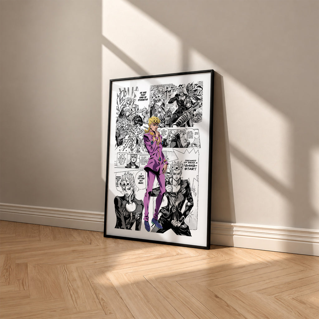 Giorno Giovanna manga poster inspired by JoJo's Bizarre Adventure in a black frame against a warm beige wall