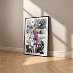 Giorno Giovanna manga poster inspired by JoJo's Bizarre Adventure in a black frame against a warm beige wall