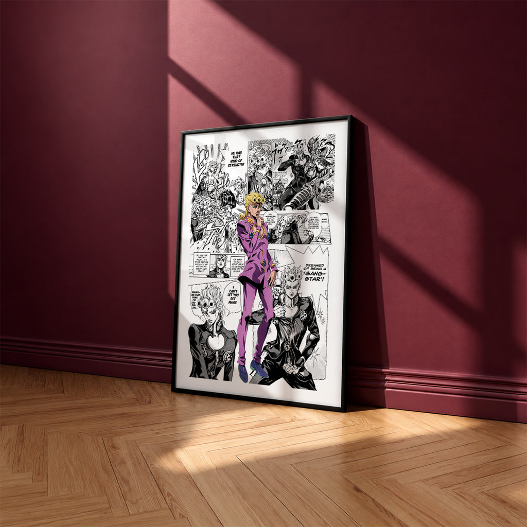 Giorno Giovanna manga poster inspired by JoJo's Bizarre Adventure in a black frame against a burgundy wall