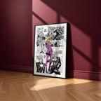 Giorno Giovanna manga poster inspired by JoJo's Bizarre Adventure in a black frame against a burgundy wall