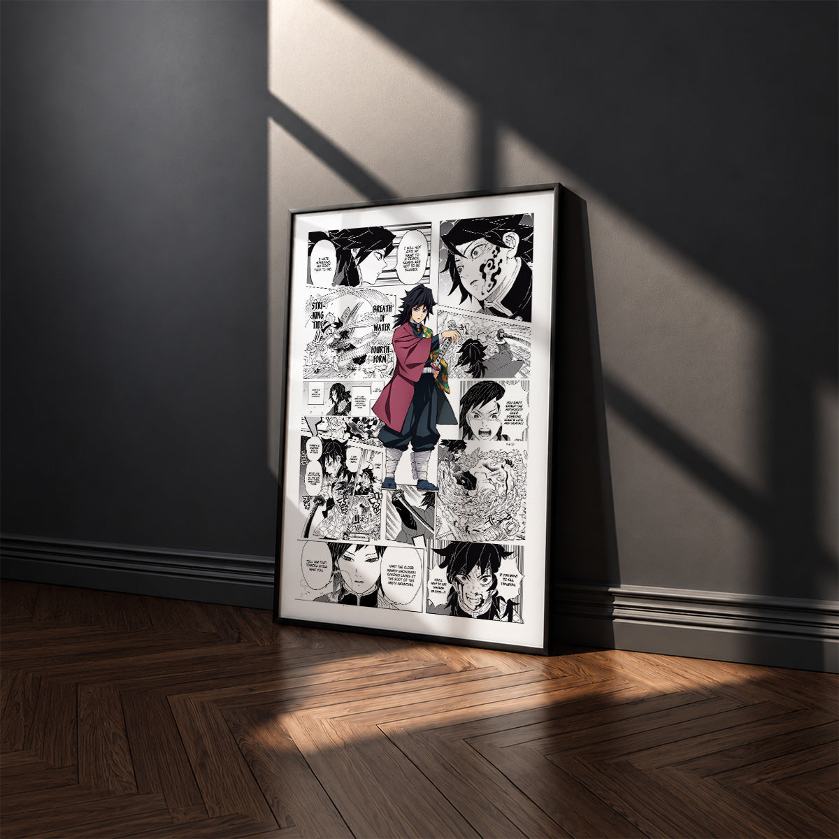 Giyu Tomioka manga poster inspired by Demon Slayer in a black frame against a charcoal gray wall