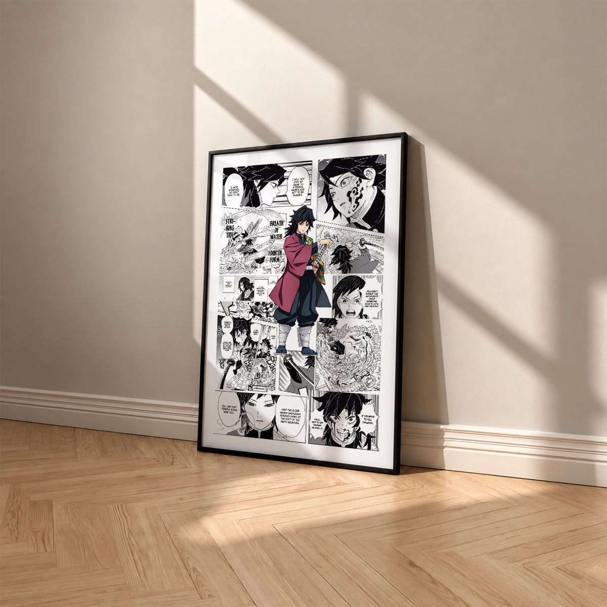 Giyu Tomioka manga poster inspired by Demon Slayer in a black frame against a warm beige wall