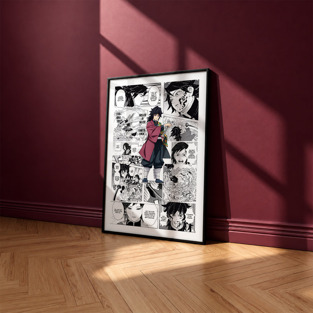 Giyu Tomioka manga poster inspired by Demon Slayer in a black frame against a burgundy wall