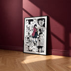 Giyu Tomioka manga poster inspired by Demon Slayer in a black frame against a burgundy wall