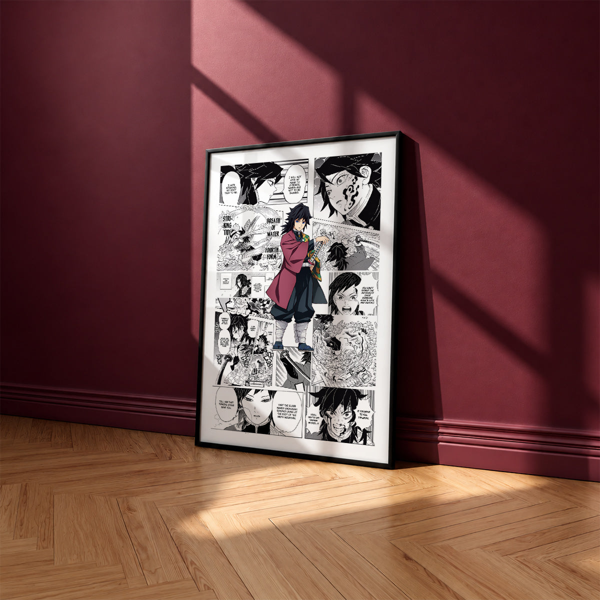 Giyu Tomioka manga poster inspired by Demon Slayer in a black frame against a burgundy wall
