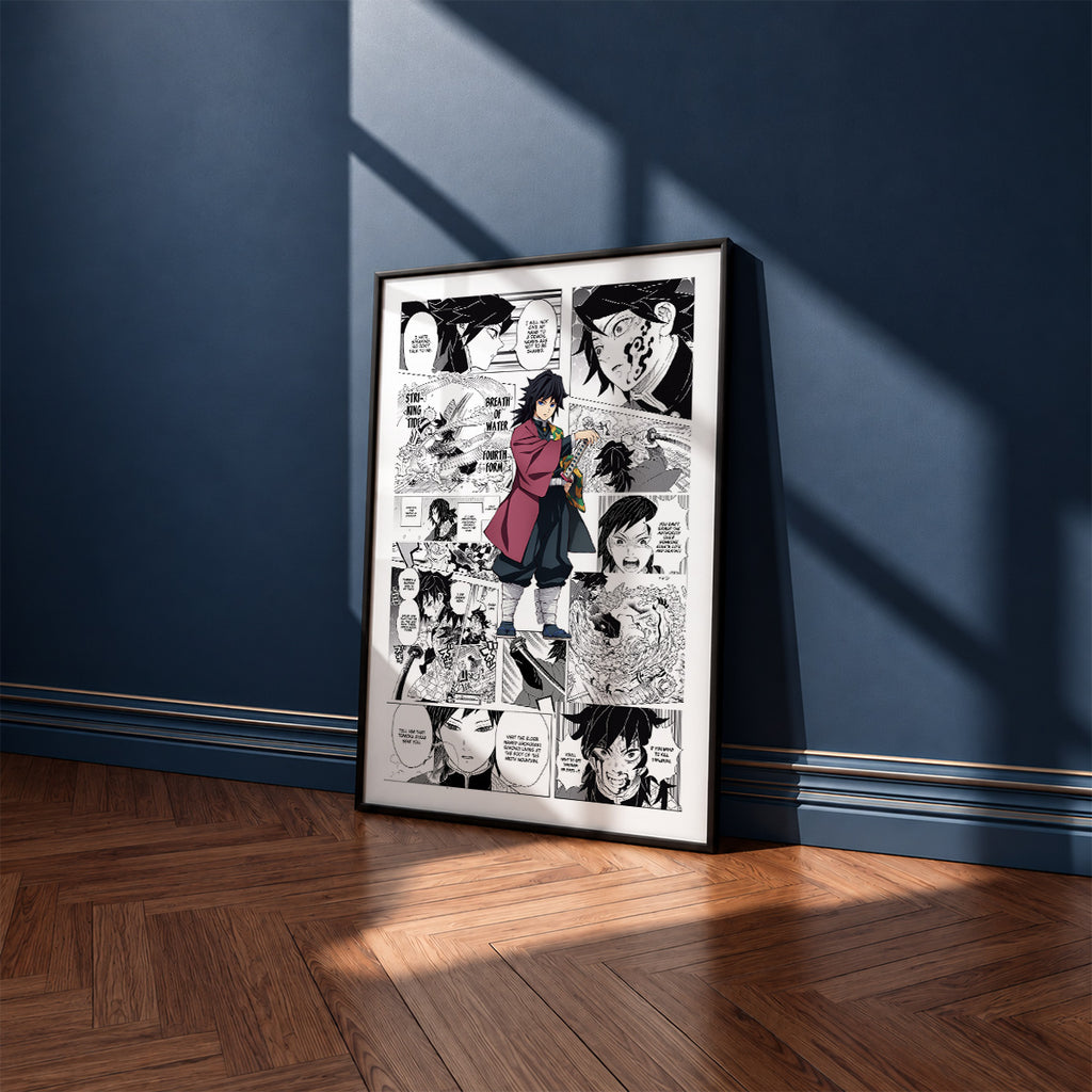 Giyu Tomioka manga poster inspired by Demon Slayer in a black frame against a navy blue wall
