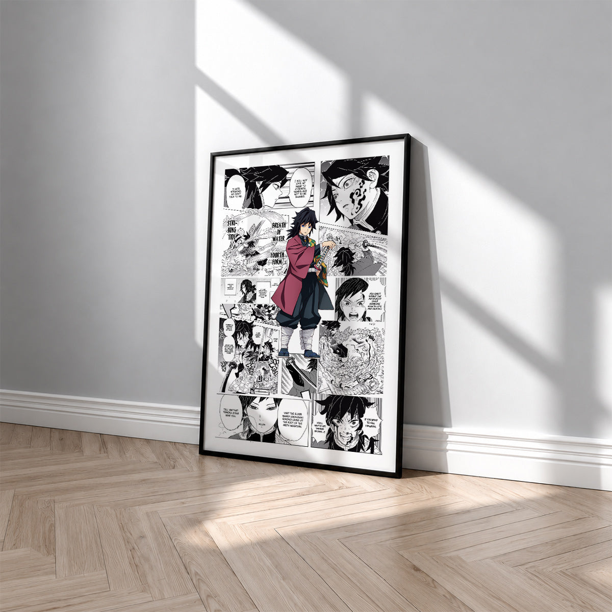 Giyu Tomioka manga poster inspired by Demon Slayer in a black frame against a light gray wall