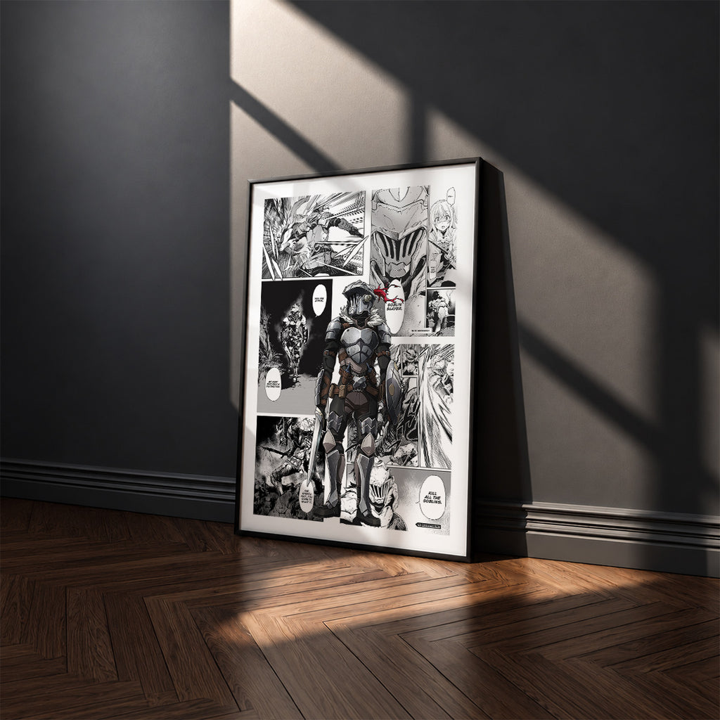 Goblin Slayer manga poster inspired by Goblin Slayer in a black frame against a charcoal gray wall