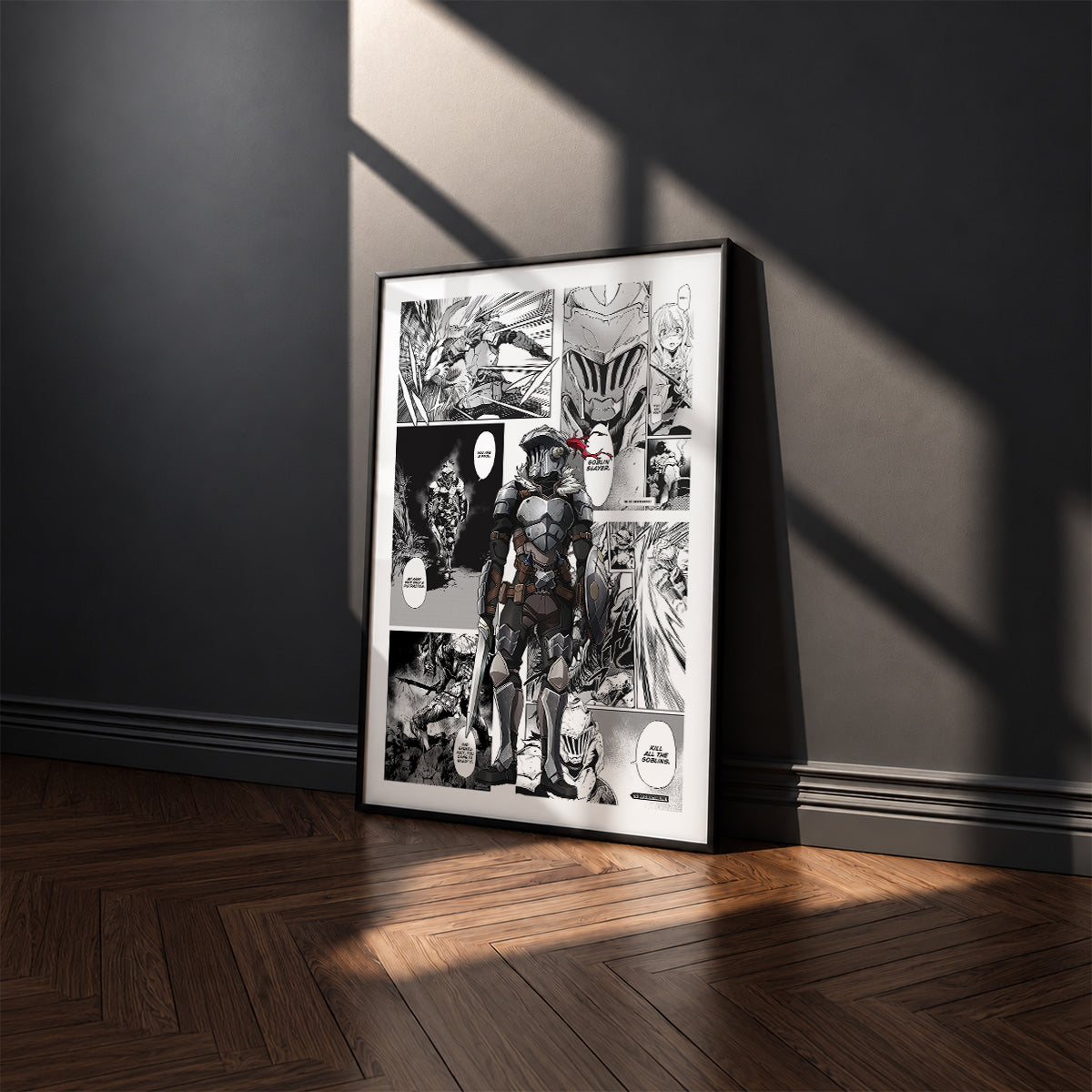 Goblin Slayer manga poster inspired by Goblin Slayer in a black frame against a charcoal gray wall