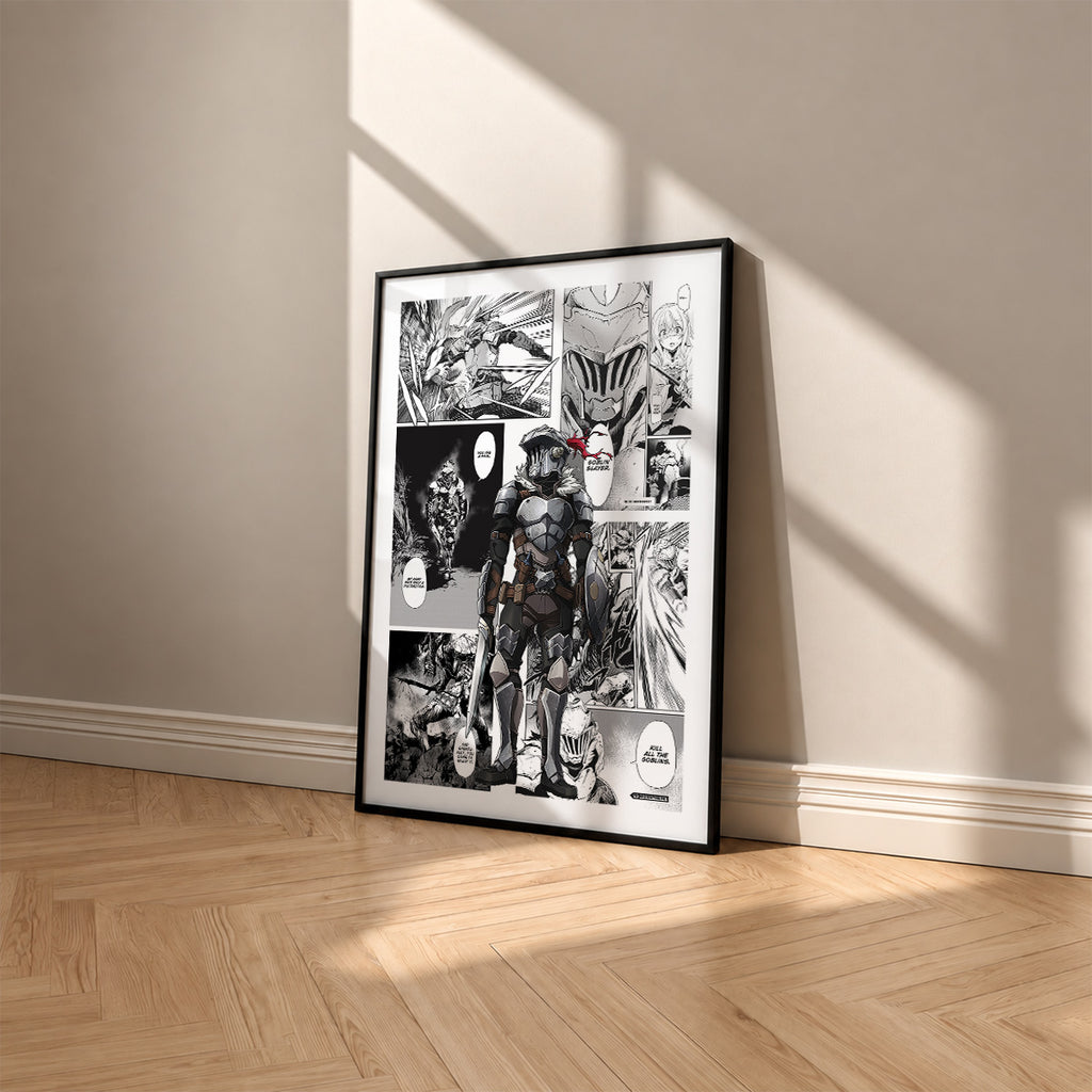 Goblin Slayer manga poster inspired by Goblin Slayer in a black frame against a warm beige wall