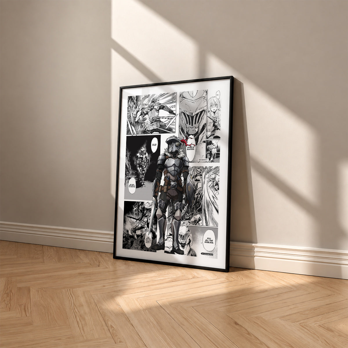 Goblin Slayer manga poster inspired by Goblin Slayer in a black frame against a warm beige wall