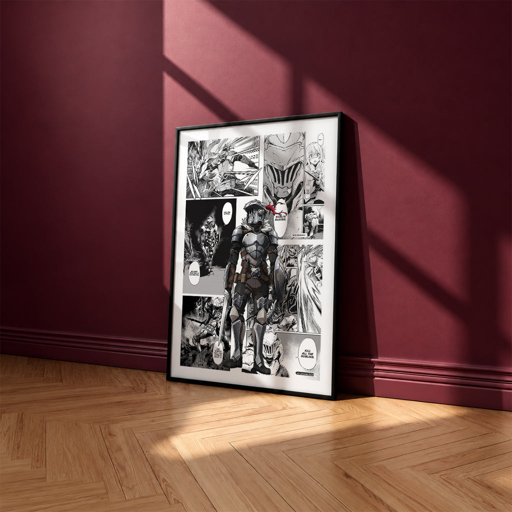 Goblin Slayer manga poster inspired by Goblin Slayer in a black frame against a burgundy wall
