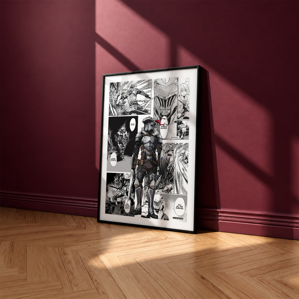 Goblin Slayer manga poster inspired by Goblin Slayer in a black frame against a burgundy wall