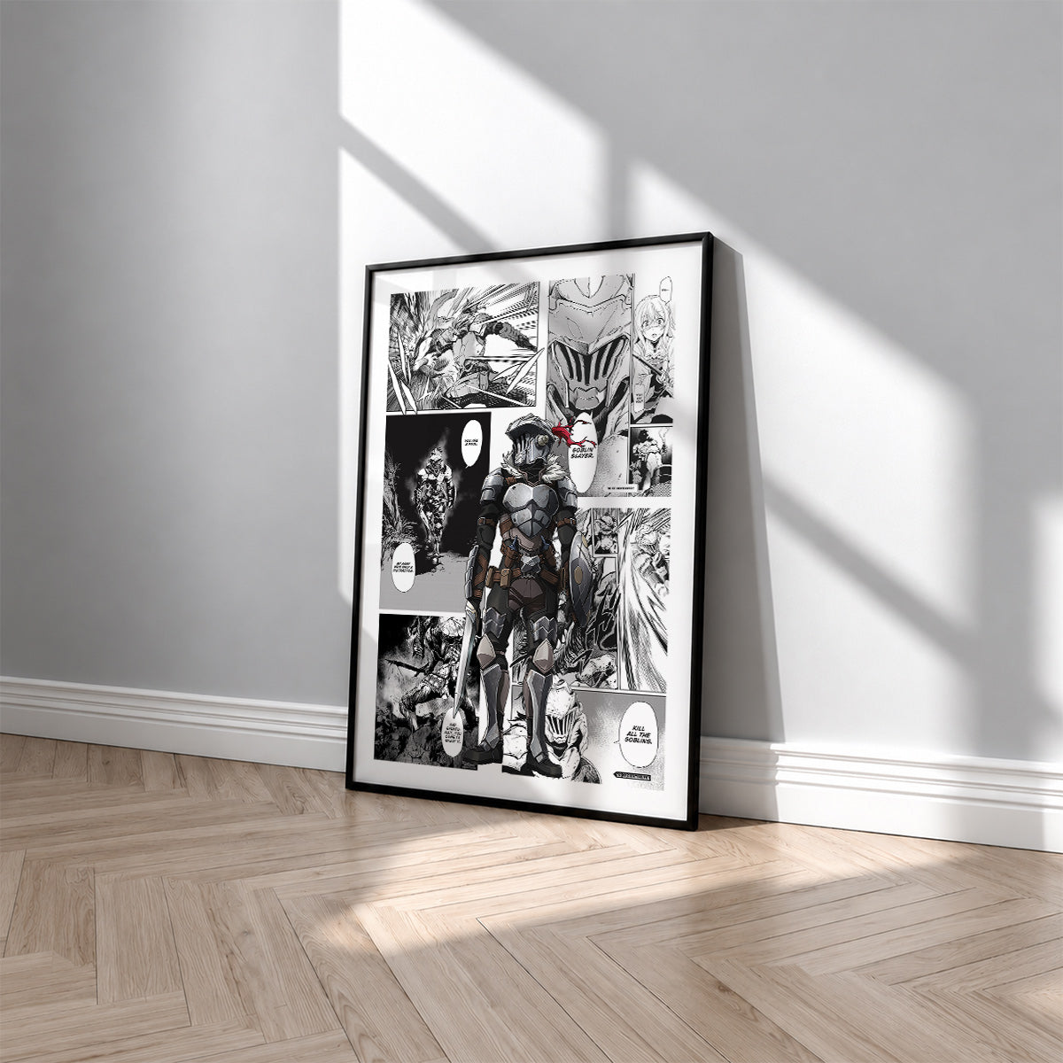 Goblin Slayer manga poster inspired by Goblin Slayer in a black frame against a light gray wall