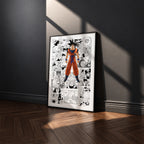 Son Goku manga poster inspired by Dragon Ball in a black frame against a charcoal gray wall
