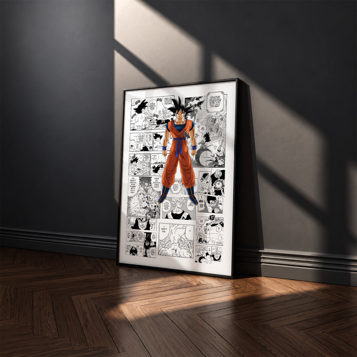 Son Goku manga poster inspired by Dragon Ball in a black frame against a charcoal gray wall