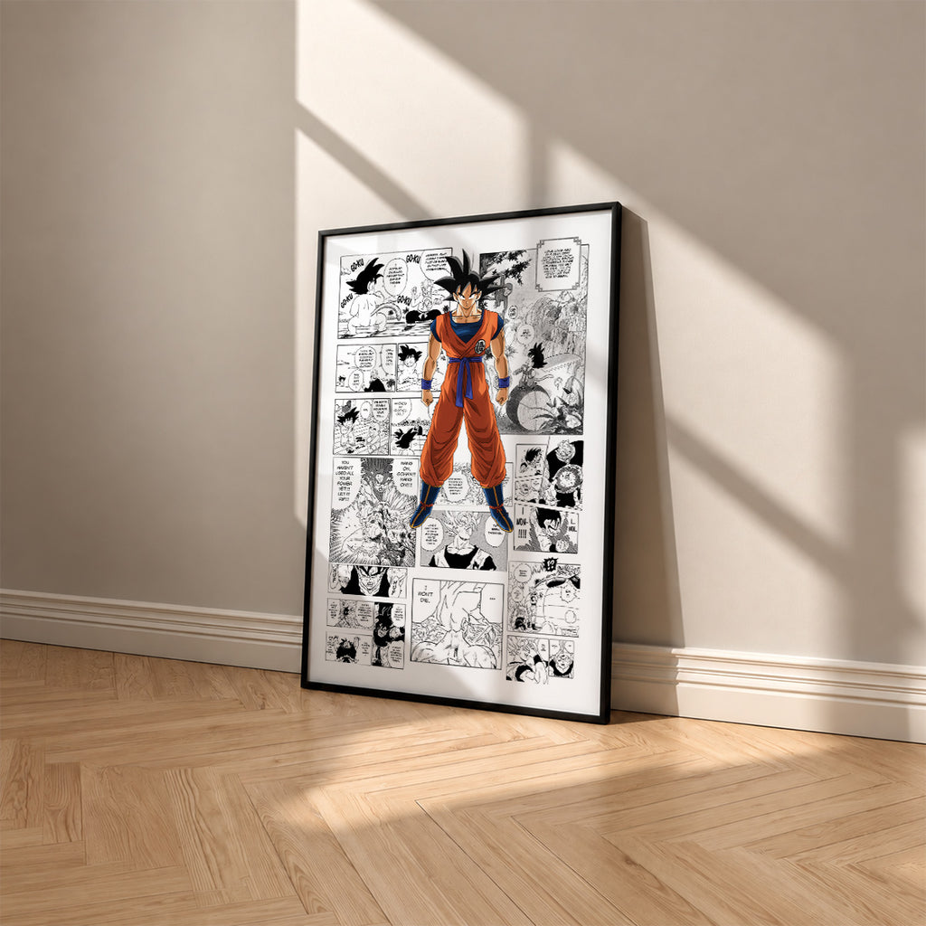 Son Goku manga poster inspired by Dragon Ball in a black frame against a warm beige wall