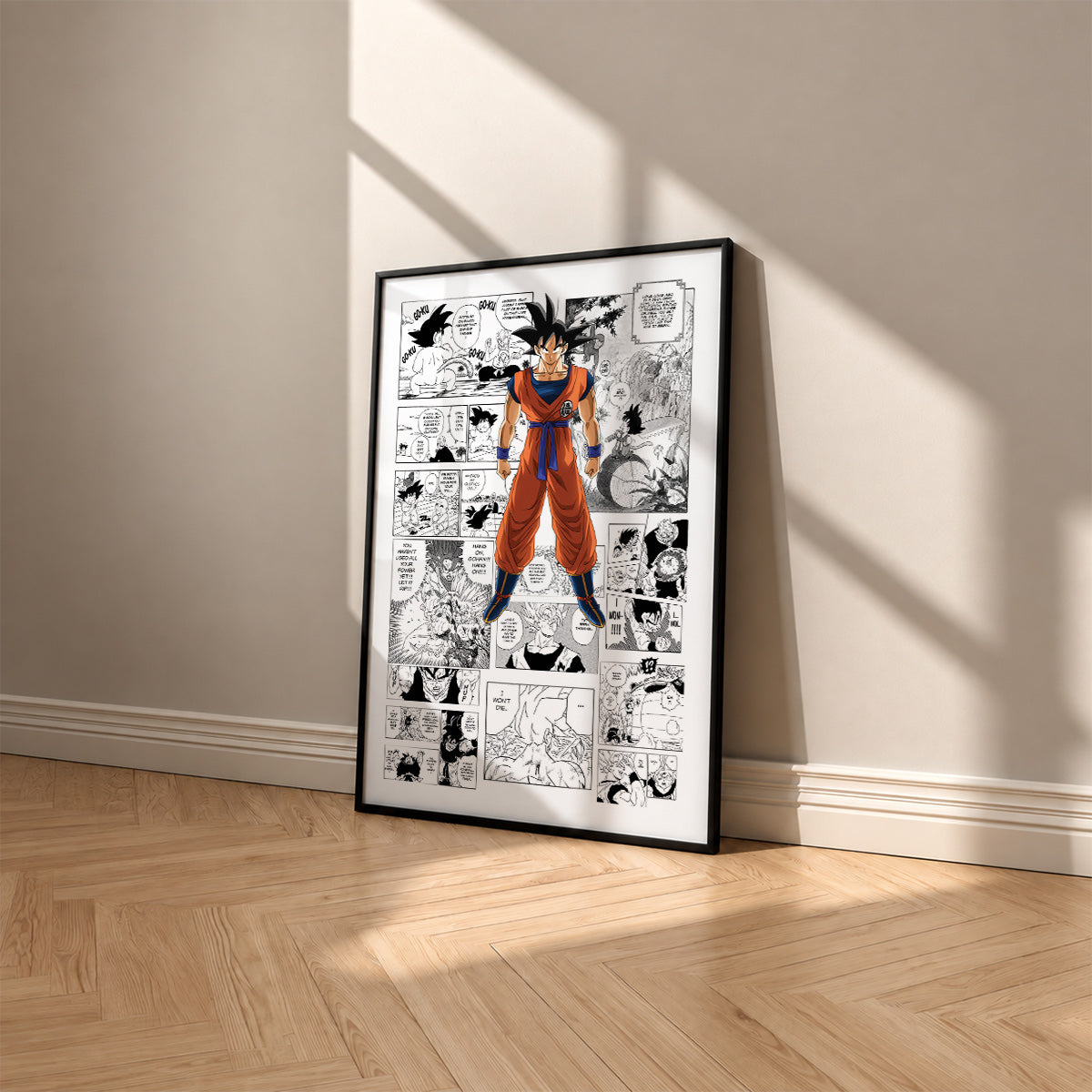 Son Goku manga poster inspired by Dragon Ball in a black frame against a warm beige wall