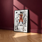 Son Goku manga poster inspired by Dragon Ball in a black frame against a burgundy wall