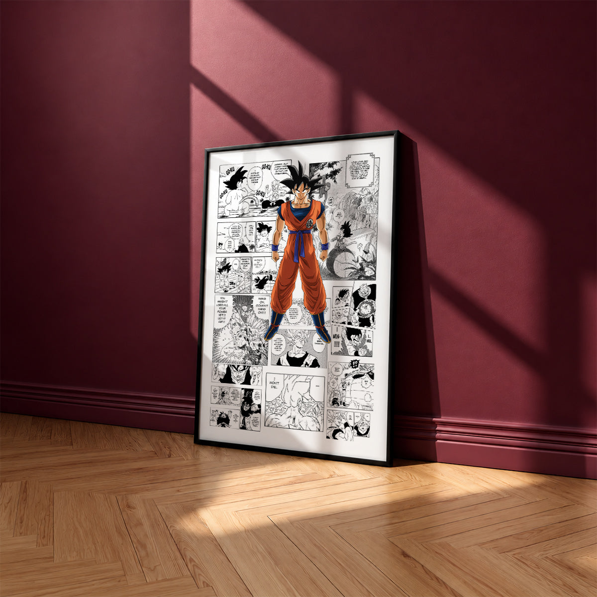 Son Goku manga poster inspired by Dragon Ball in a black frame against a burgundy wall