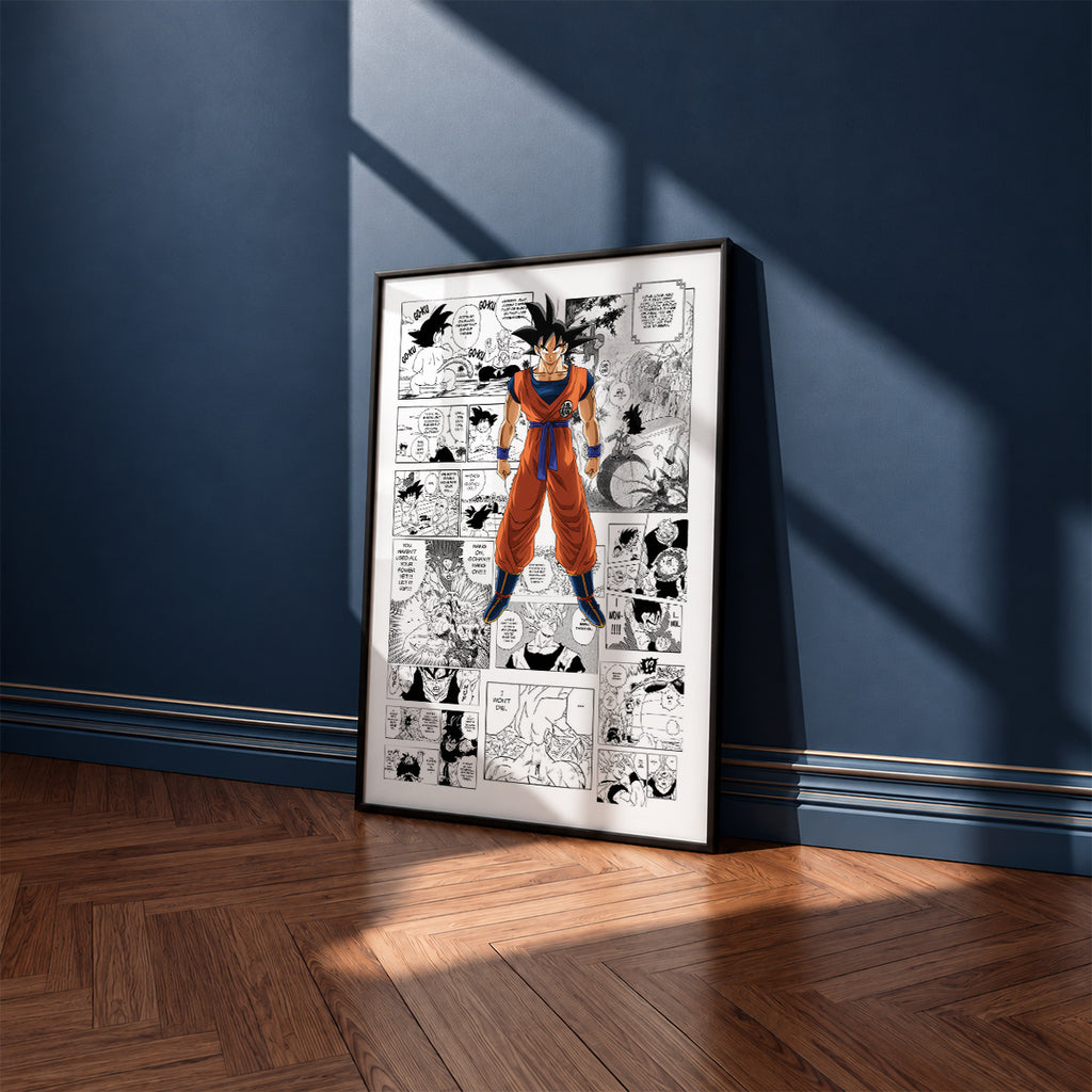 Son Goku manga poster inspired by Dragon Ball in a black frame against a navy blue wall
