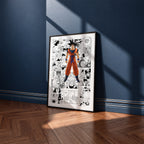 Son Goku manga poster inspired by Dragon Ball in a black frame against a navy blue wall