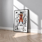Son Goku manga poster inspired by Dragon Ball in a black frame against a light gray wall