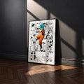Son Goku Super Saiyan Blue manga poster inspired by Dragon Ball in a black frame against a charcoal gray wall