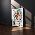 Son Goku Super Saiyan Blue manga poster inspired by Dragon Ball in a black frame against a charcoal gray wall