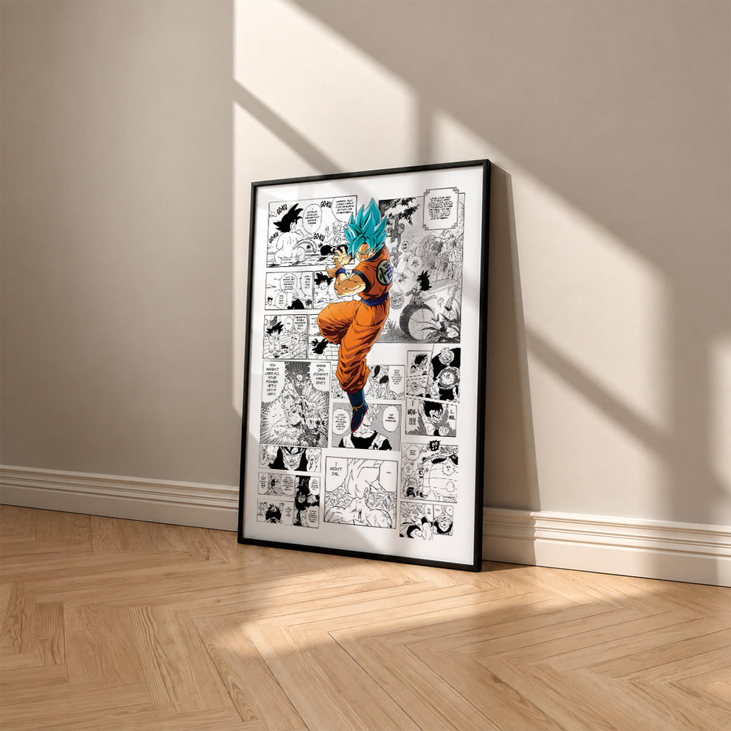Son Goku Super Saiyan Blue manga poster inspired by Dragon Ball in a black frame against a warm beige wall