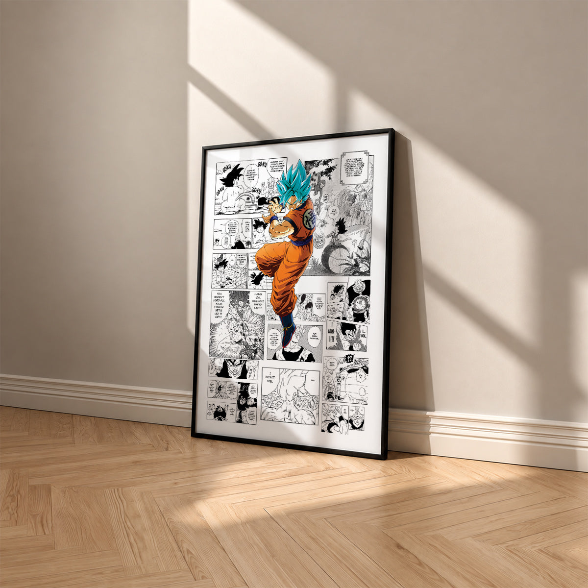 Son Goku Super Saiyan Blue manga poster inspired by Dragon Ball in a black frame against a warm beige wall