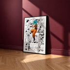 Son Goku Super Saiyan Blue manga poster inspired by Dragon Ball in a black frame against a burgundy wall