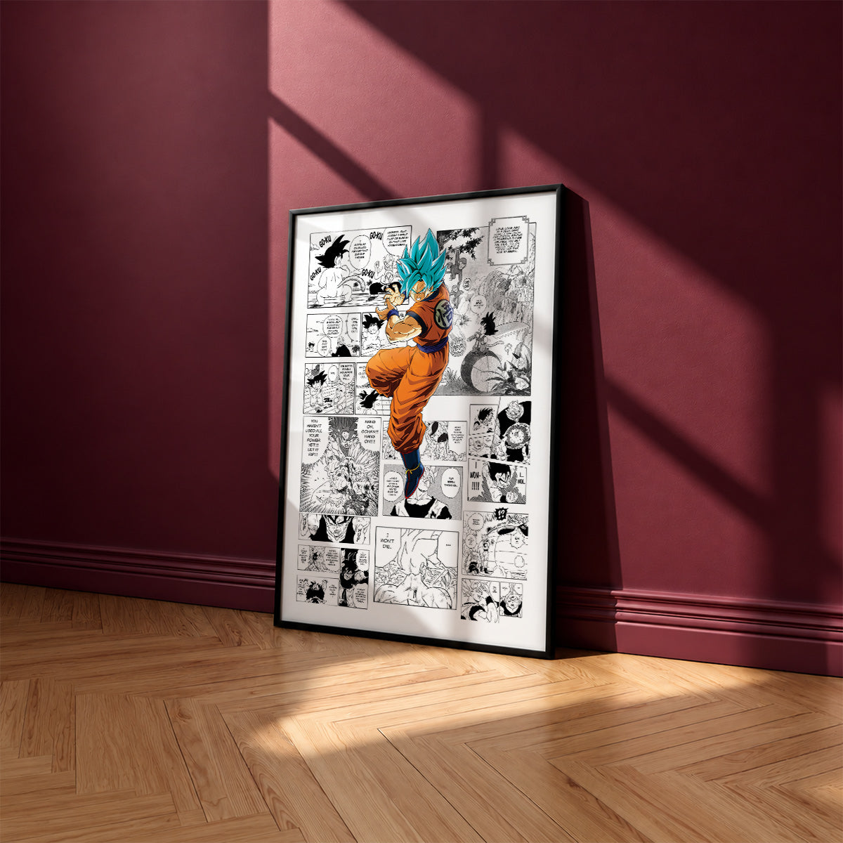 Son Goku Super Saiyan Blue manga poster inspired by Dragon Ball in a black frame against a burgundy wall