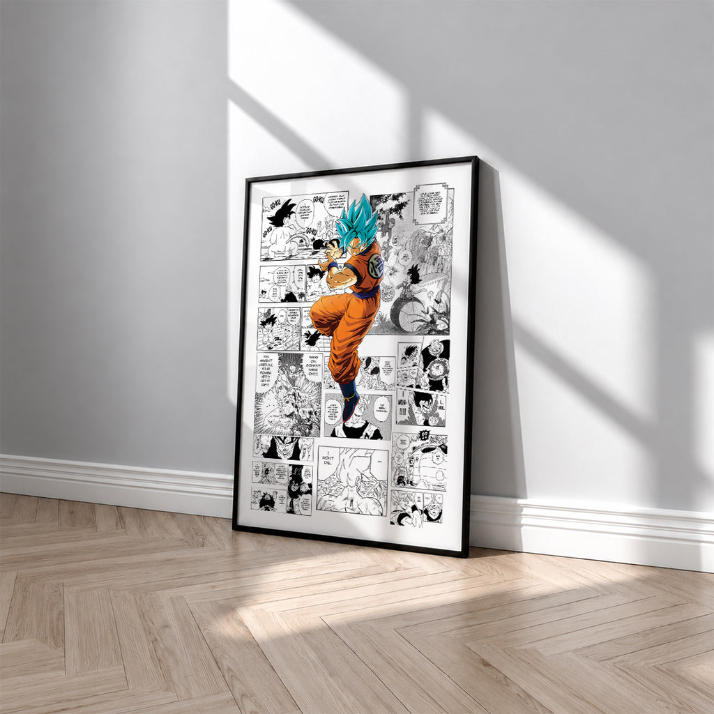 Son Goku Super Saiyan Blue manga poster inspired by Dragon Ball in a black frame against a light gray wall