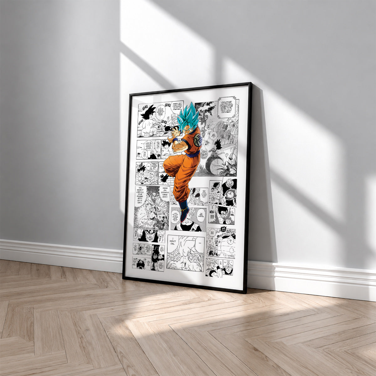 Son Goku Super Saiyan Blue manga poster inspired by Dragon Ball in a black frame against a light gray wall