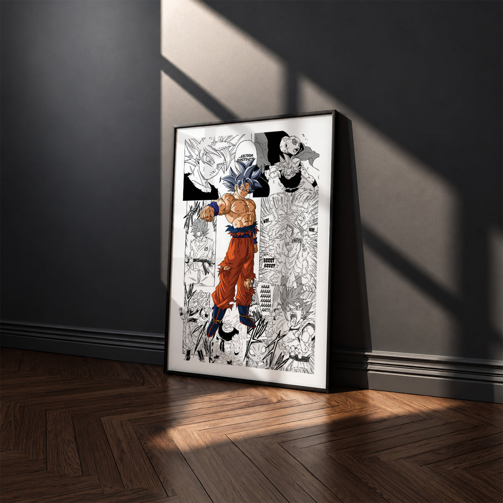Son Goku Ultra Instinct manga poster inspired by Dragon Ball in a black frame against a charcoal gray wall