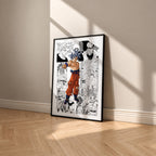 Son Goku Ultra Instinct manga poster inspired by Dragon Ball in a black frame against a warm beige wall