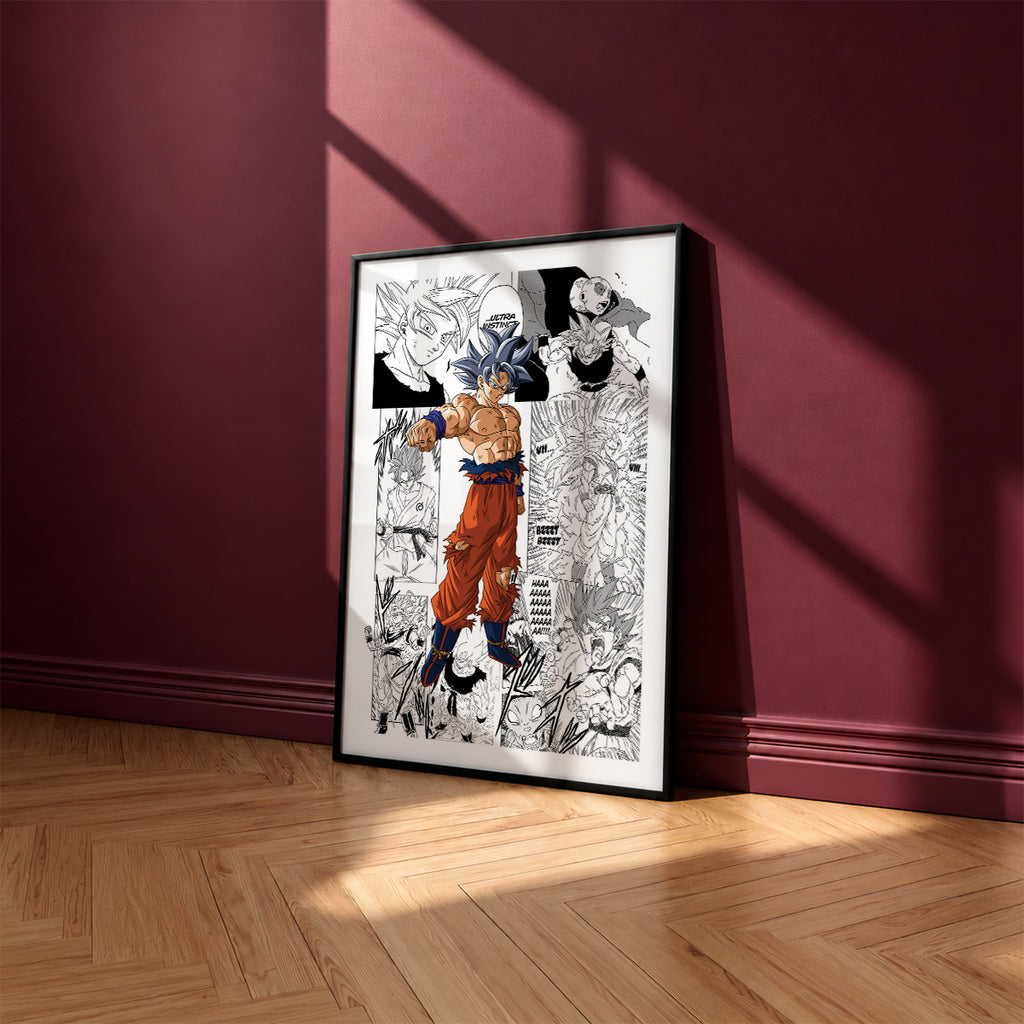 Son Goku Ultra Instinct manga poster inspired by Dragon Ball in a black frame against a burgundy wall