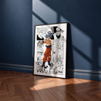 Son Goku Ultra Instinct manga poster inspired by Dragon Ball in a black frame against a navy blue wall