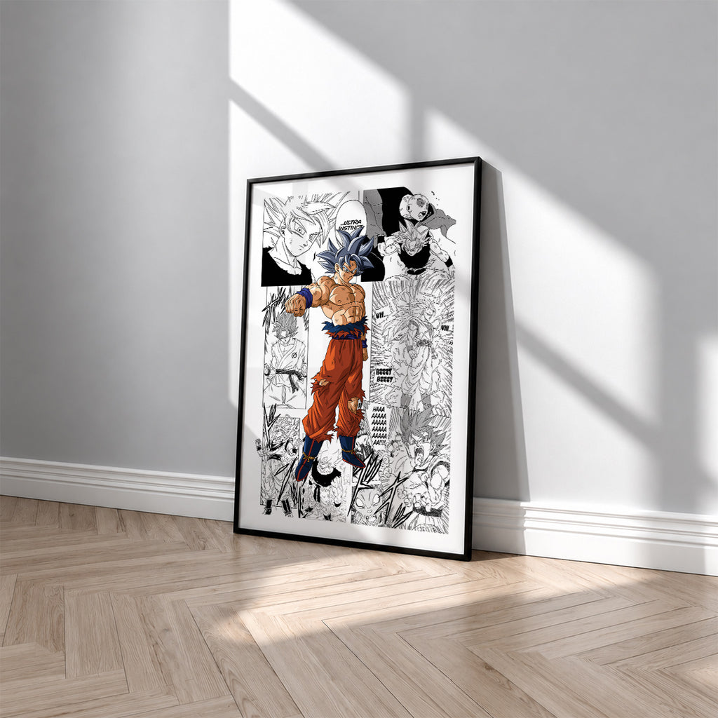 Son Goku Ultra Instinct manga poster inspired by Dragon Ball in a black frame against a light gray wall