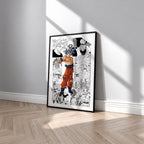 Son Goku Ultra Instinct manga poster inspired by Dragon Ball in a black frame against a light gray wall