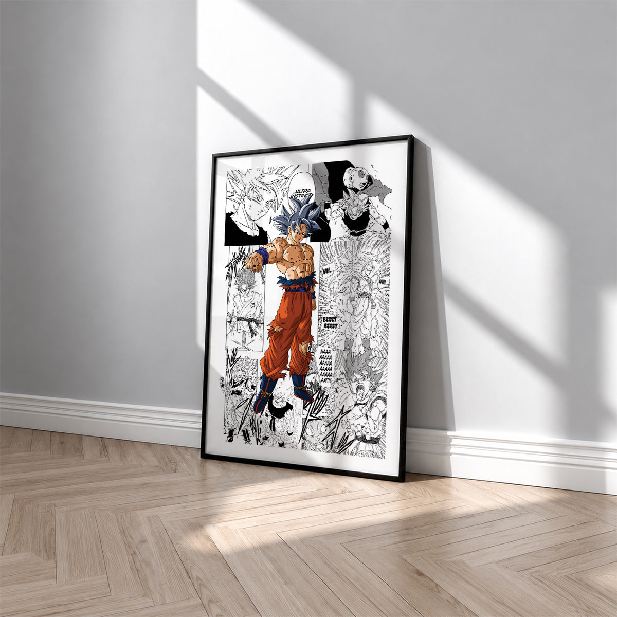 Son Goku Ultra Instinct manga poster inspired by Dragon Ball in a black frame against a light gray wall