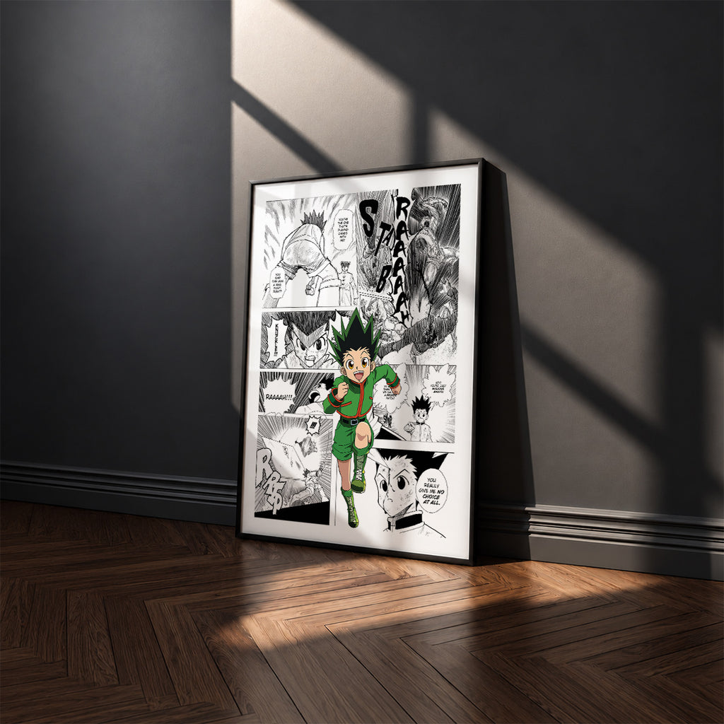 Gon Freecss manga poster inspired by Hunter x Hunter in a black frame against a charcoal gray wall