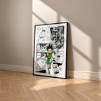 Gon Freecss manga poster inspired by Hunter x Hunter in a black frame against a warm beige wall